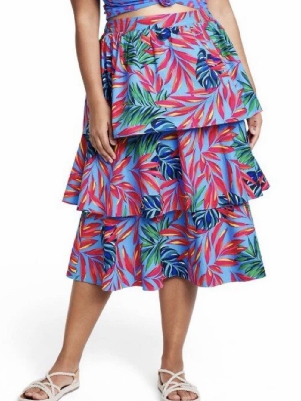 Tiered Tropical Midi Skirt in Blue Floral